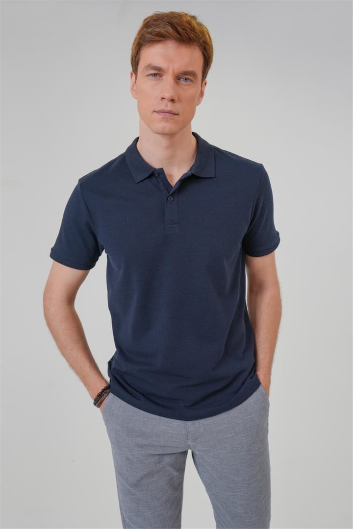 Lacivert Regular Armürlü Polo Yaka Tişört