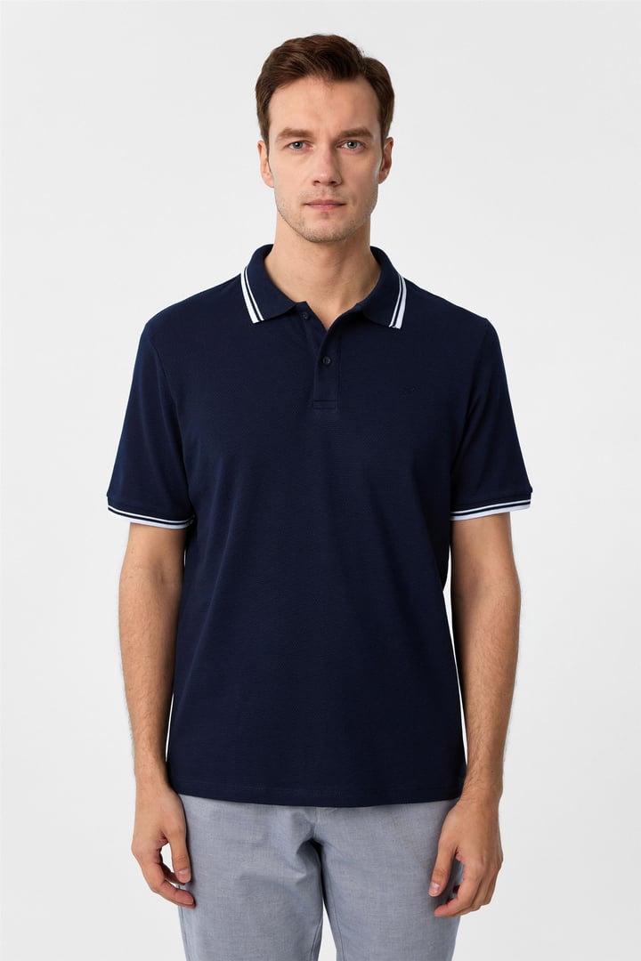 Lacivert Regular Armürlü Polo Yaka Tişört