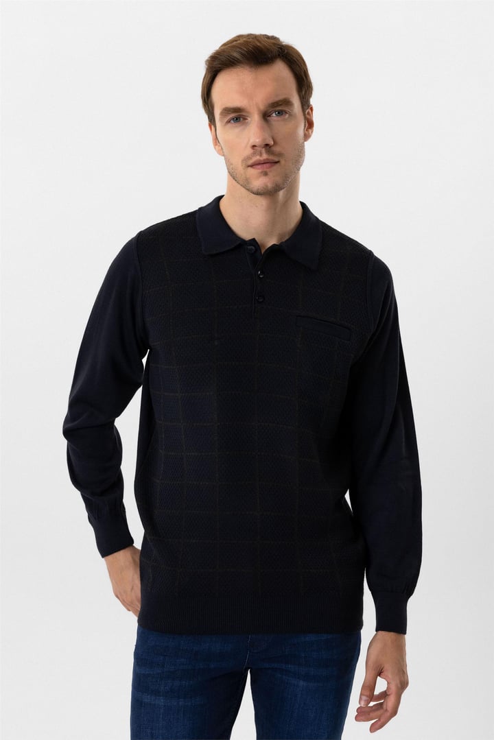 Lacivert Regular Armürlü Polo Yaka Triko