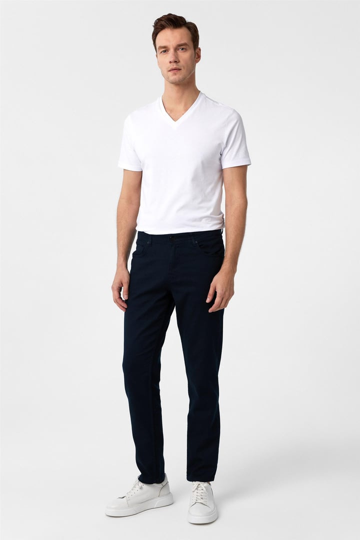 Lacivert Slim 5 Cep Kalıp Armürlü Pantolon