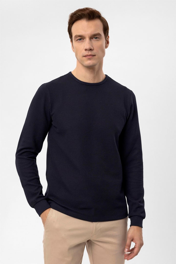 Lacivert Slim Armürlü O Yaka  Sweatshirt