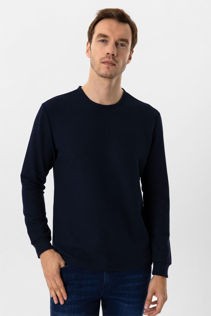 Lacivert Slim Armürlü O Yaka Sweatshirt