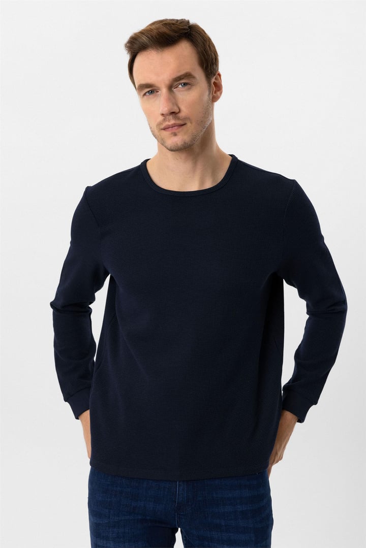 Lacivert Slim Armürlü O Yaka Triko