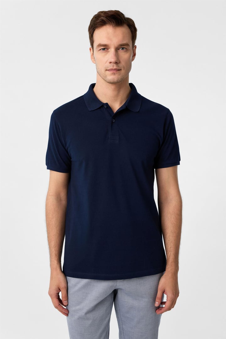 Lacivert Slim Armürlü Polo Yaka Tişört