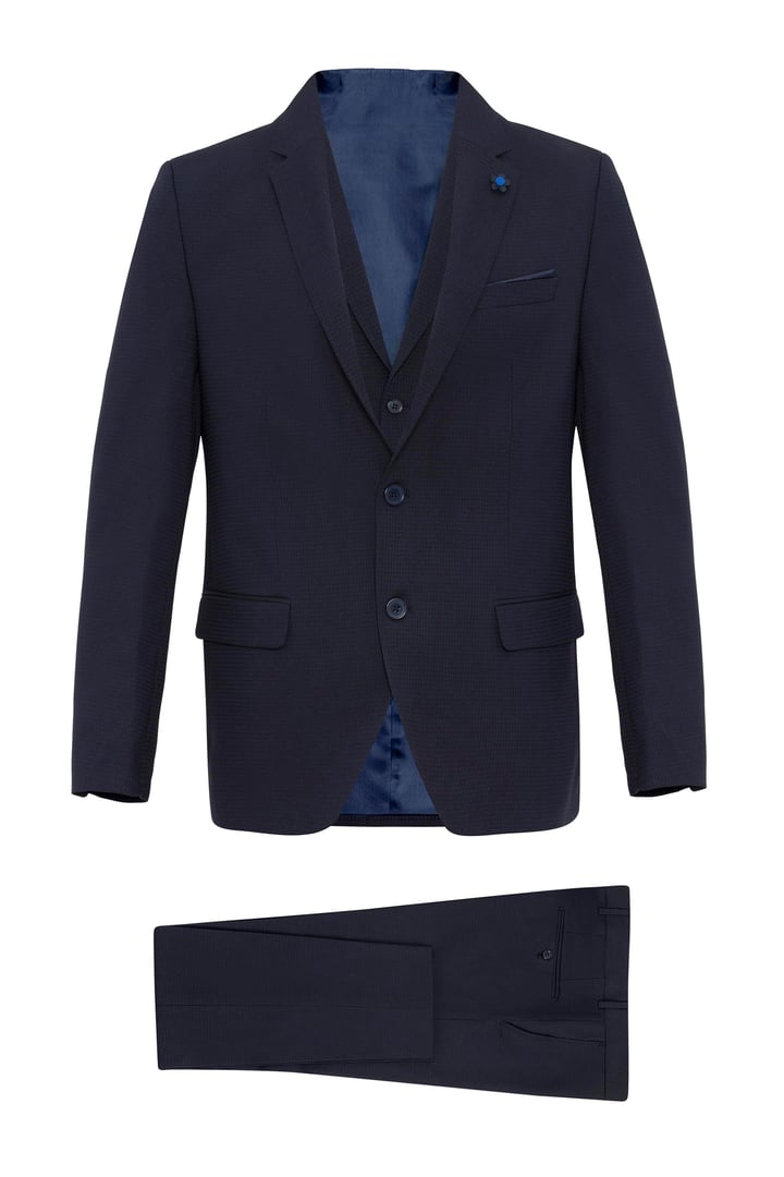 Lacivert Slim Fit Armürlü Sivri Yaka 6 Drop Yelekli Klasik Takım Elbise