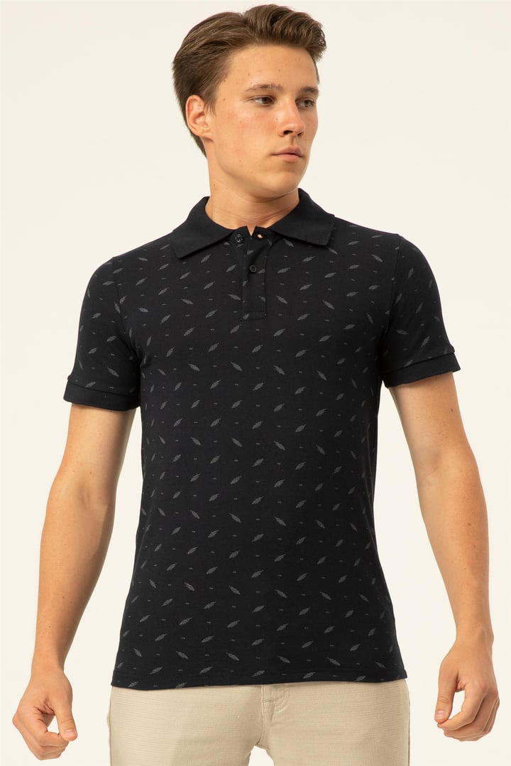 Lacivert Slim Baskılı Polo Yaka  Tişört
