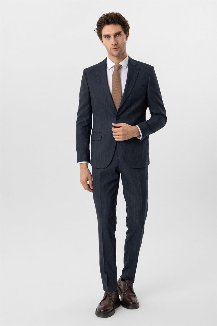 Lacivert Slim Desenli Mono Yaka 6 Drop Takım Elbise