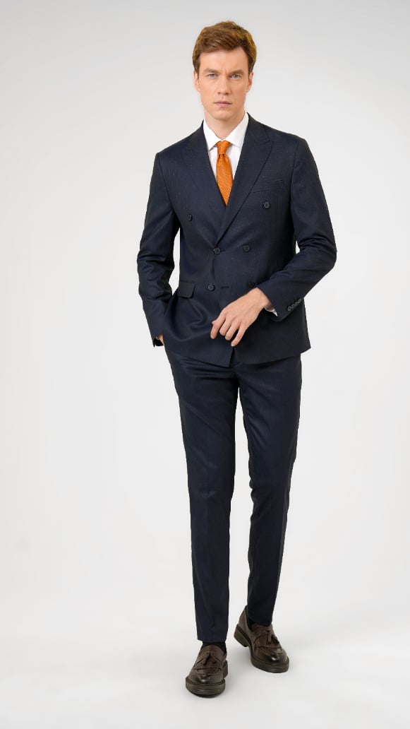 Lacivert Slim Desenli Sivri Yaka 6 Drop Takım Elbise