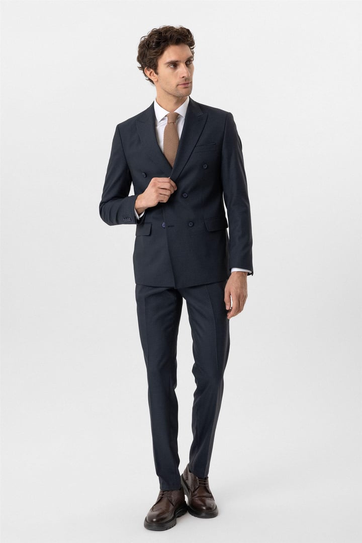 Lacivert Slim Fit Desenli Sivri Yaka 6 Drop Klasik Takım Elbise