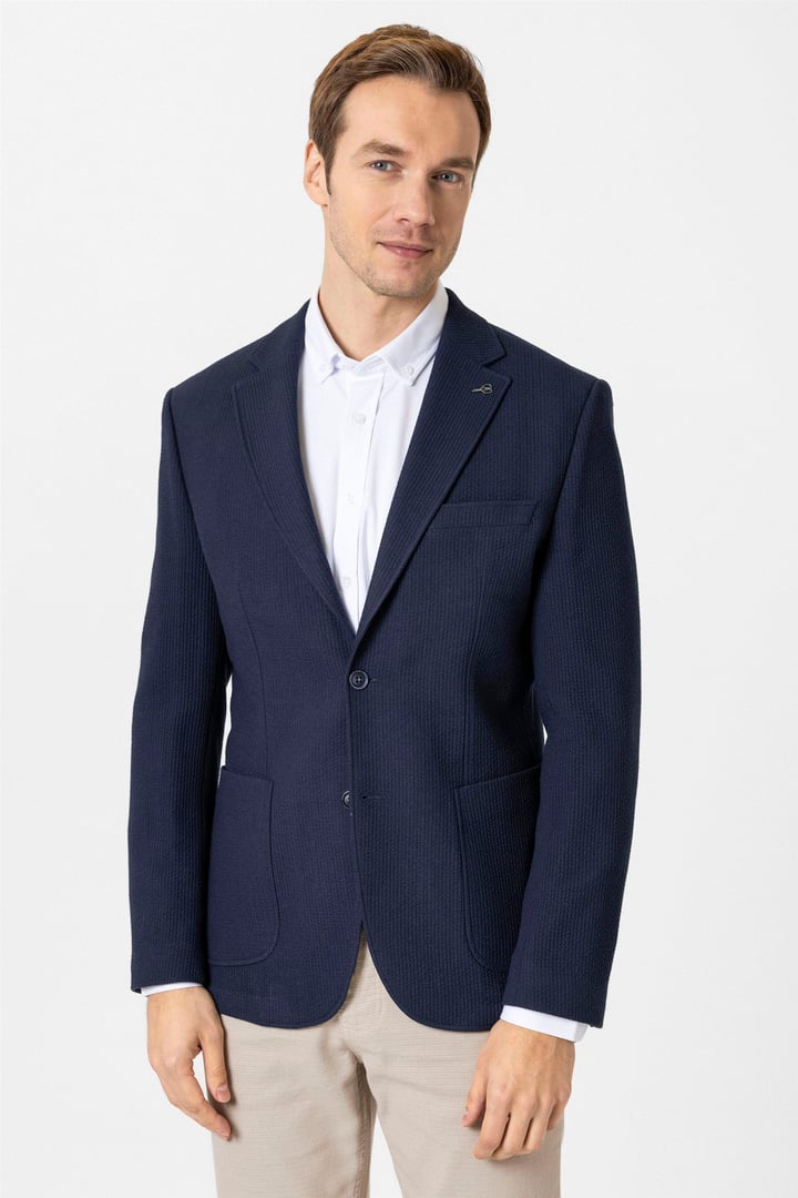 Lacivert Slim Düz Mono Yaka 6 Drop Ceket