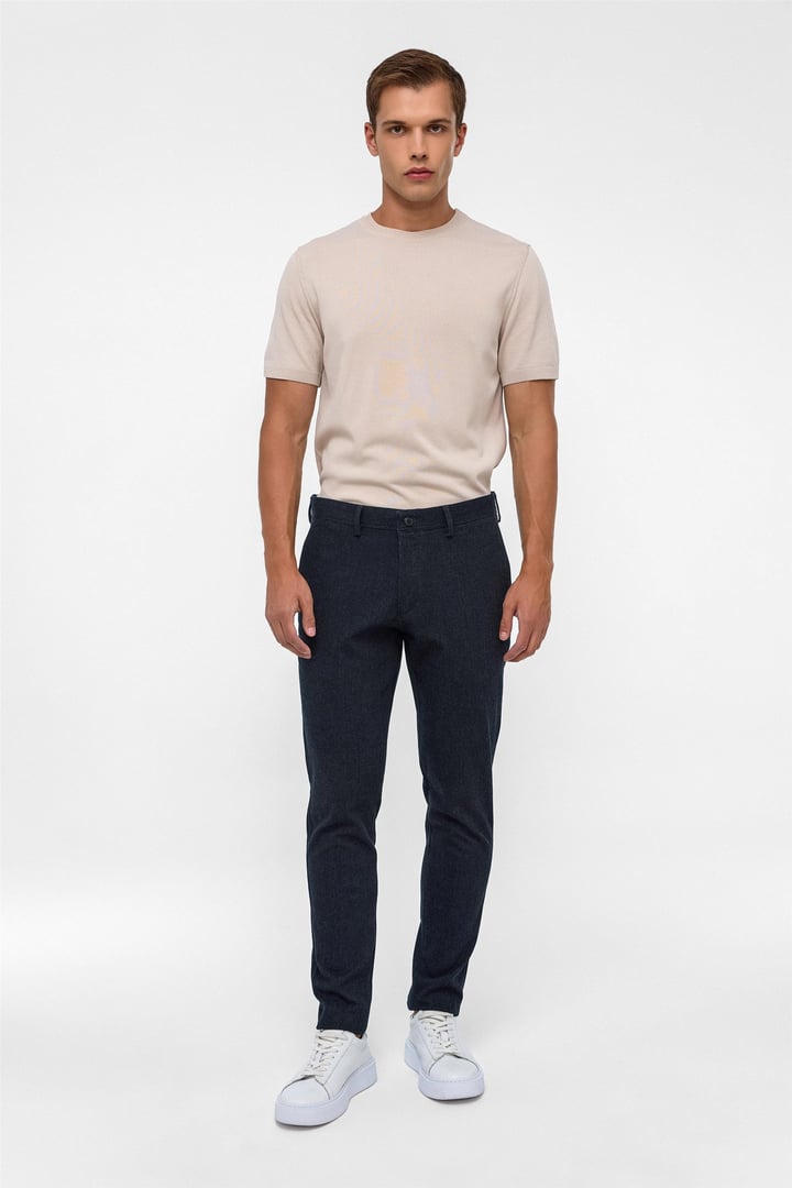 Lacivert Slim Fit Armürlü Kanvas Pantolon