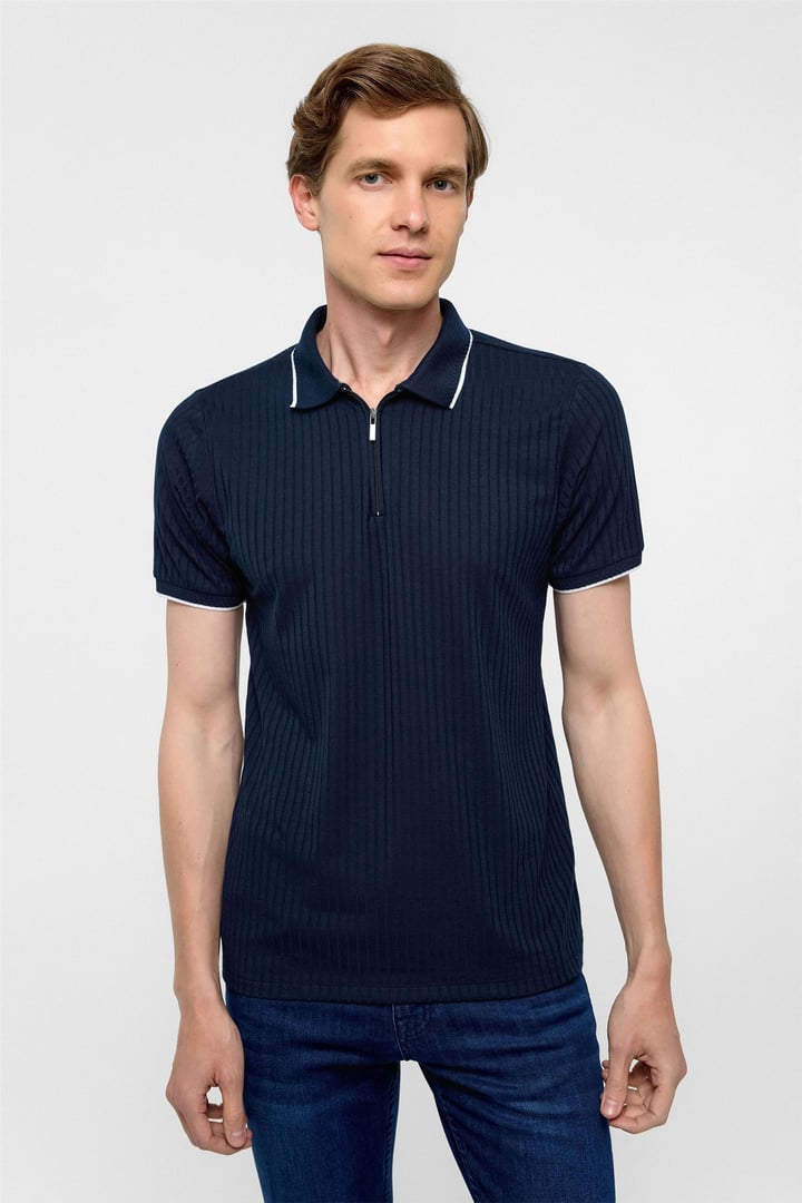 Lacivert Slim Fitilli Polo Yaka Tişört