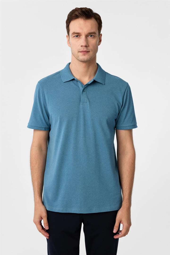 Saks Mavi Regular Armürlü Polo Yaka Tişört