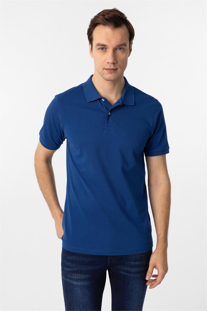 Saks Mavi Regular Armürlü Polo Yaka Tişört