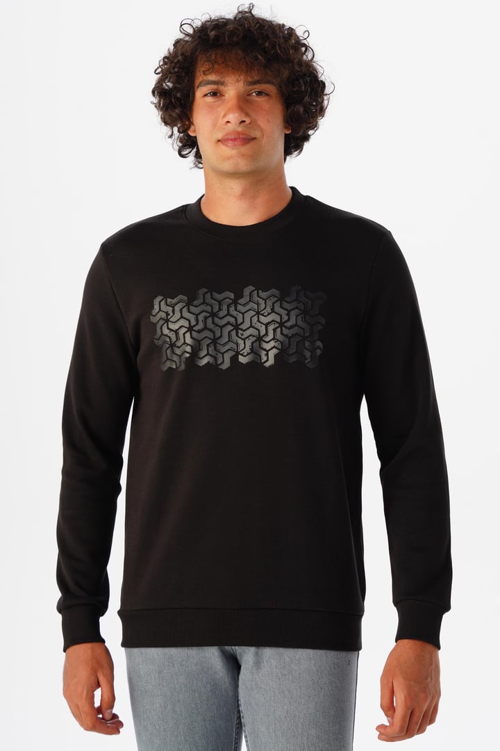 Siyah Regular Armürlü Bisiklet Yaka Sweatshirt