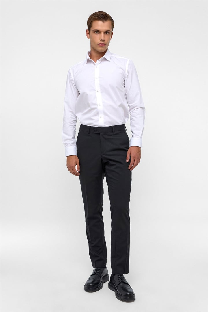 Siyah Regular Armürlü Kumaş Pantolon