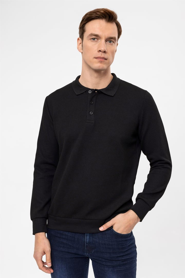 Siyah Regular Armürlü Polo Yaka  Sweatshirt
