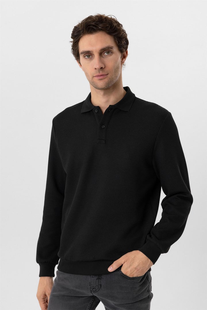 Siyah Regular Armürlü Polo Yaka Sweatshirt