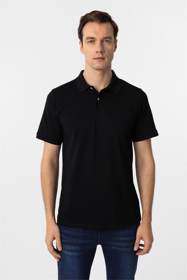 Siyah Regular Armürlü Polo Yaka Tişört