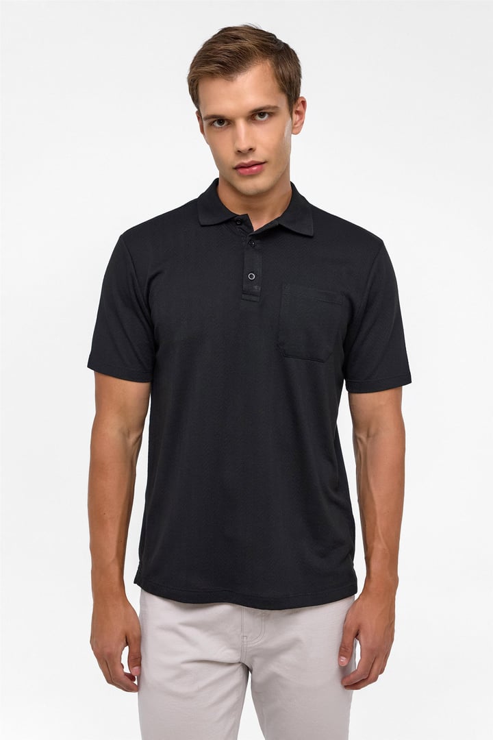 Siyah Regular Armürlü Polo Yaka Tişört