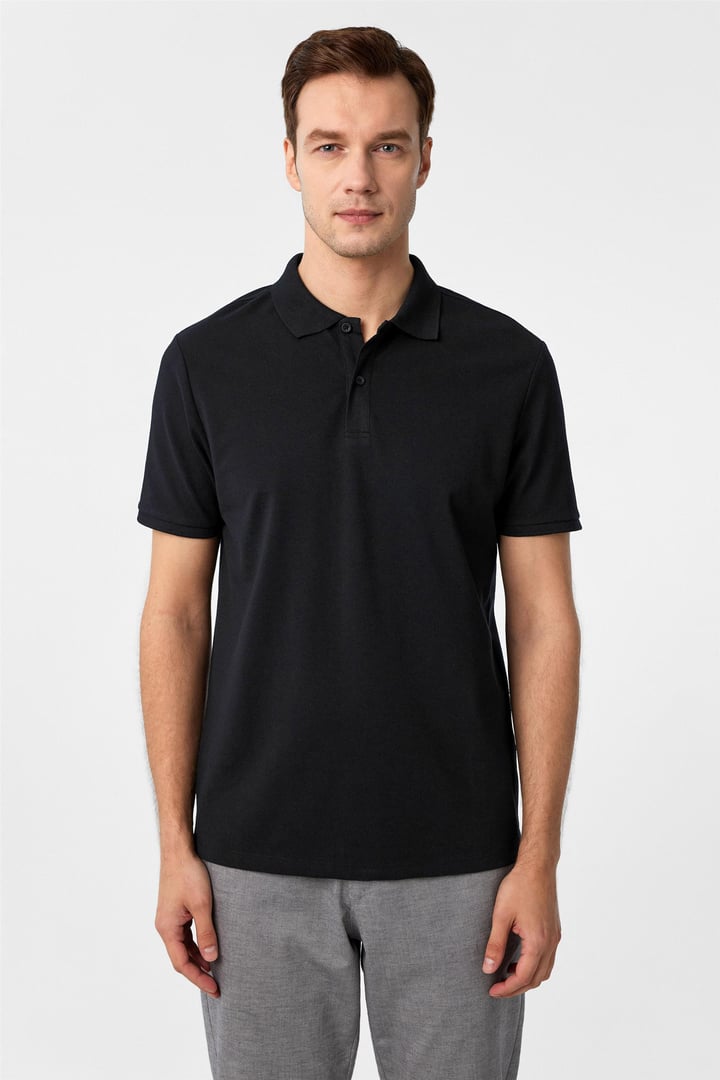 Siyah Regular Armürlü Polo Yaka Tişört