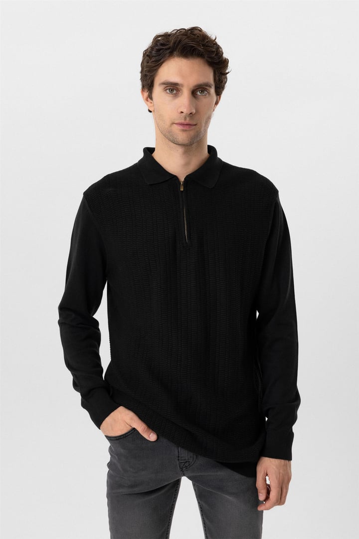 Siyah Regular Armürlü Polo Yaka Triko