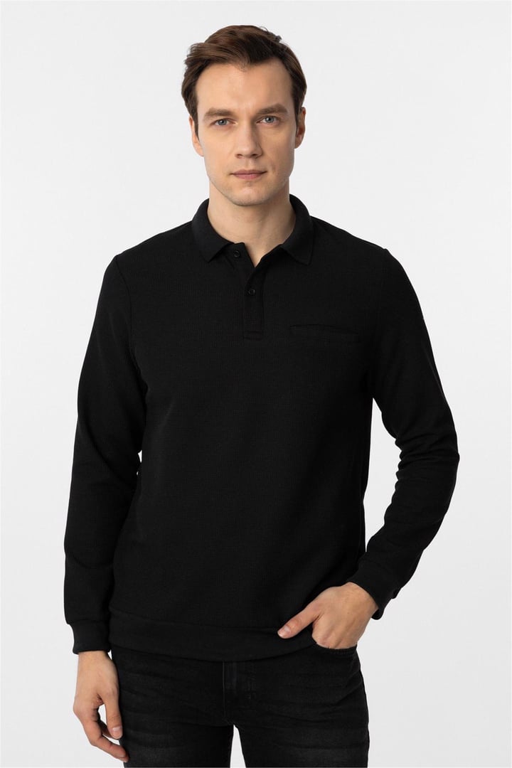 Siyah Regular Armürlü Polo Yaka Triko