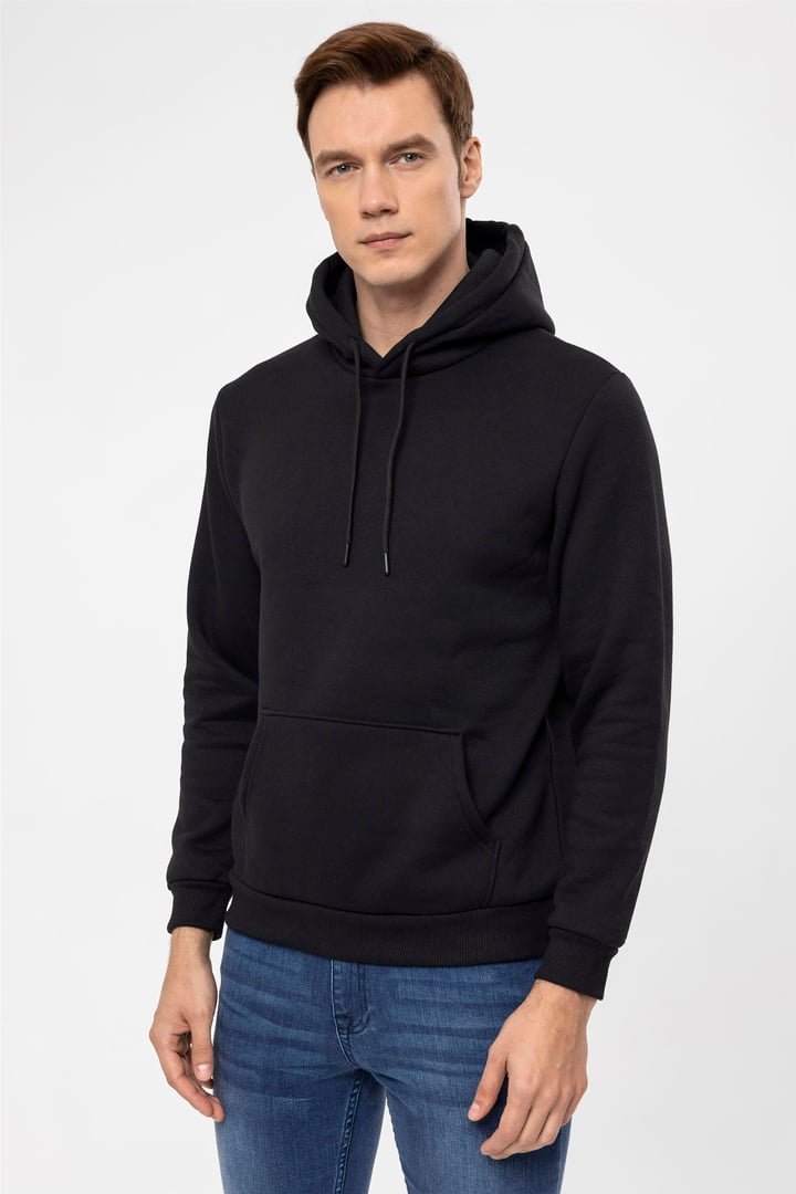Siyah Regular Düz Kapişonlu Yaka  Sweatshirt