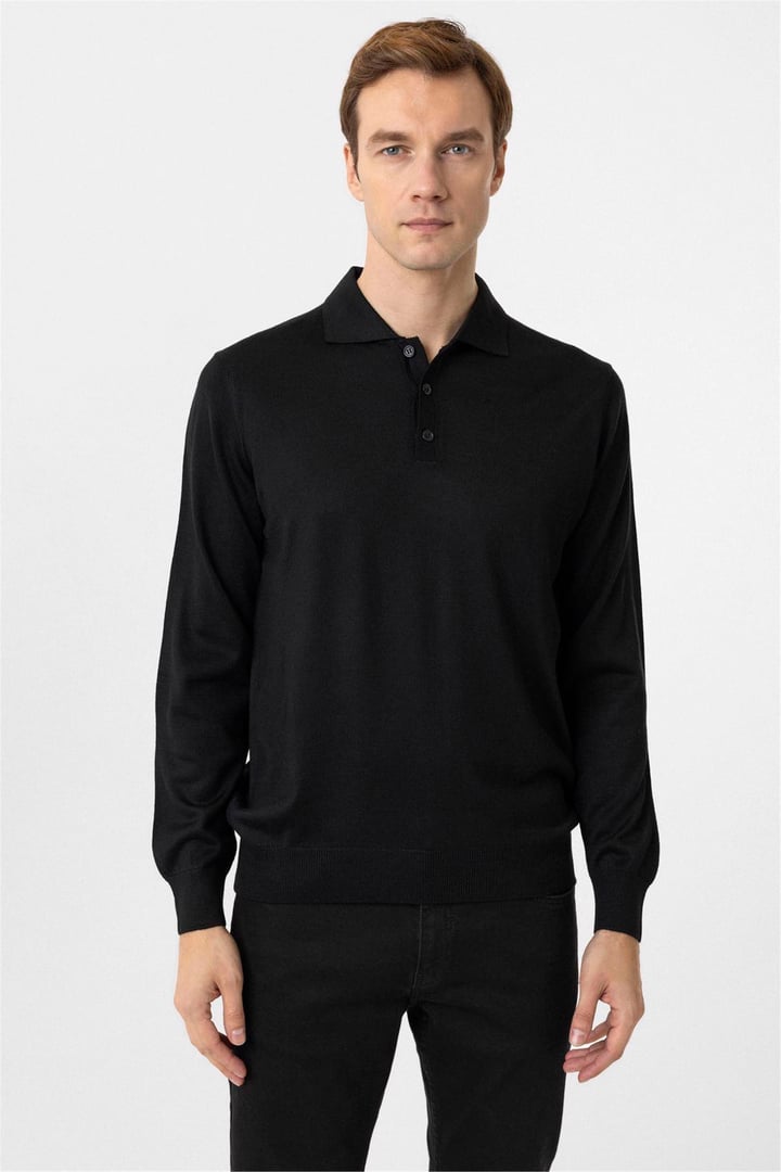 Siyah Regular Düz Polo Yaka Triko
