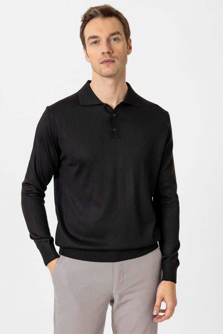 Siyah Regular Düz Polo Yaka Triko