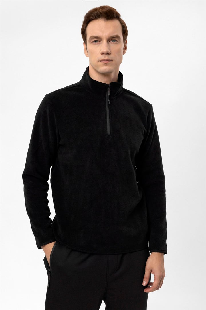 Siyah Regular Düz Sivri Yaka  Sweatshirt
