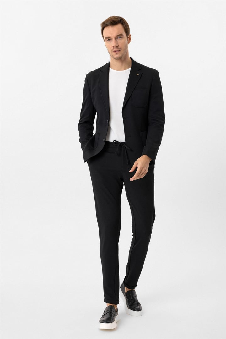 Siyah Slim Armürlü Mono Yaka 6 Drop Takım Elbise
