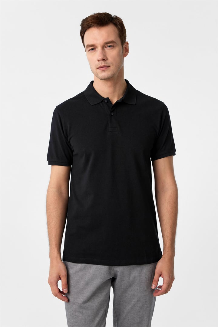 Siyah Slim Armürlü Polo Yaka Tişört
