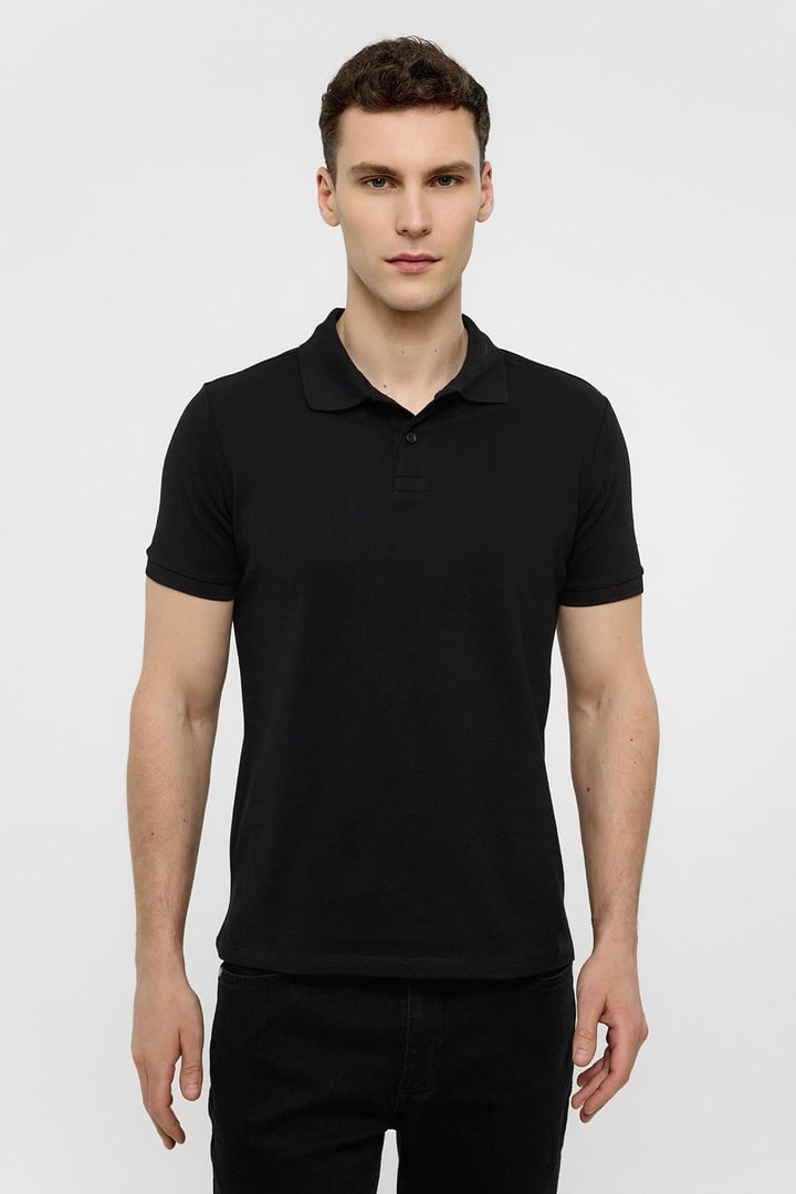 Siyah Slim Düz Polo Yaka Tişört