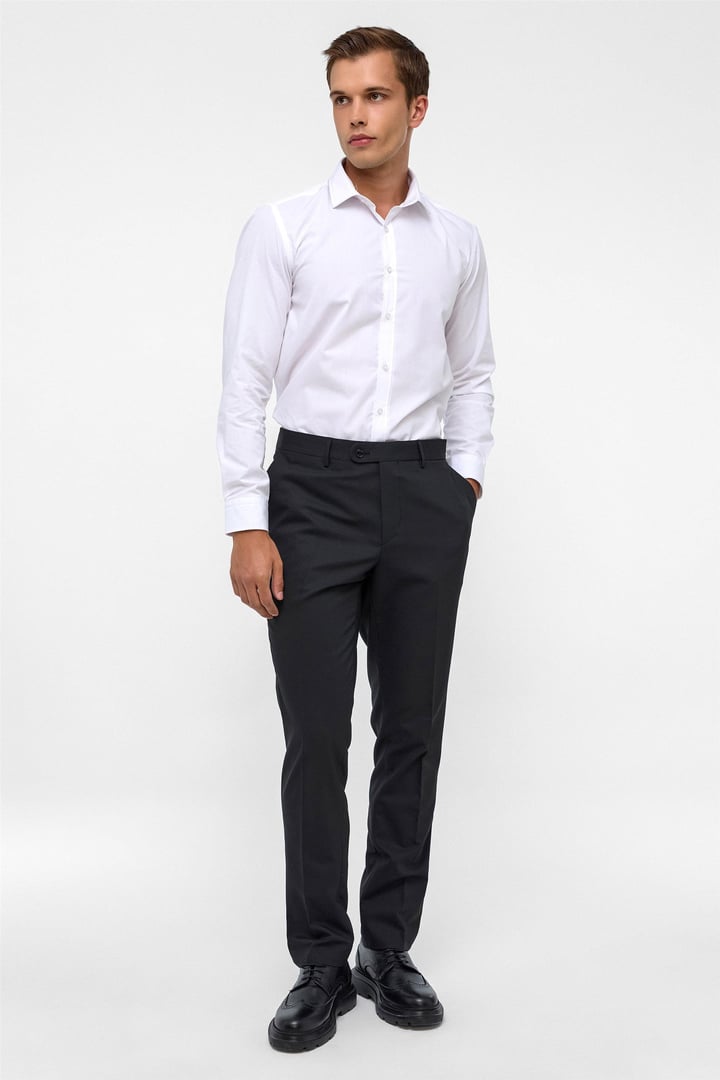 Siyah Slim Fit Armürlü Kumaş Pantolon