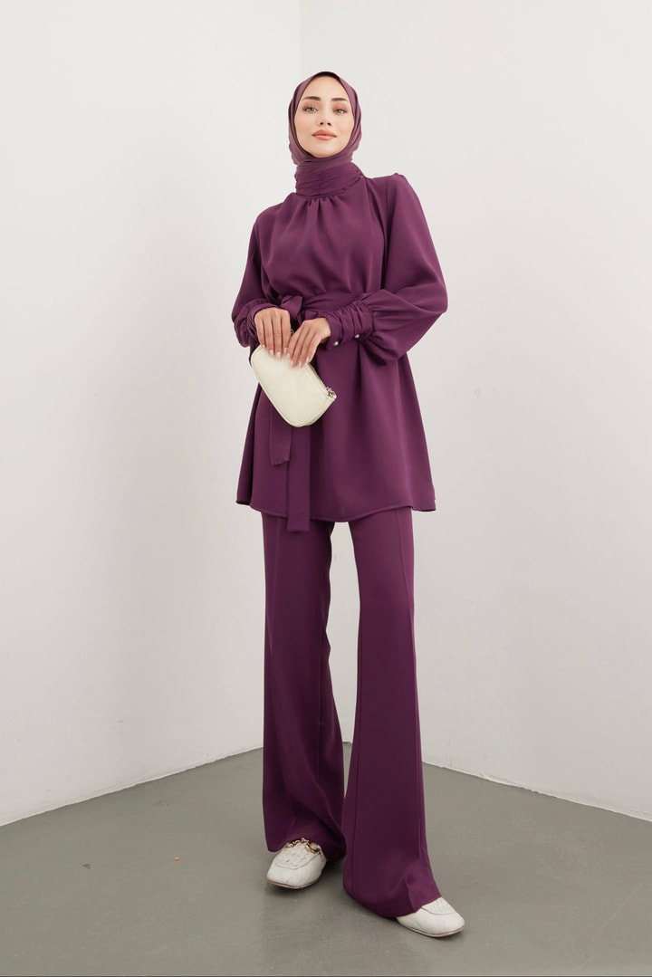 Adale Kolları Dügmeli Kalın Kemerli Takım - Mor