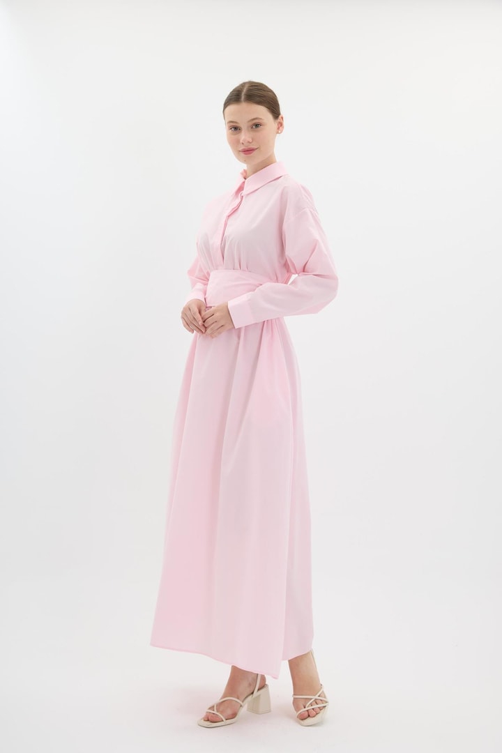 Aksesuarlı Gömlek Elbise - Pembe