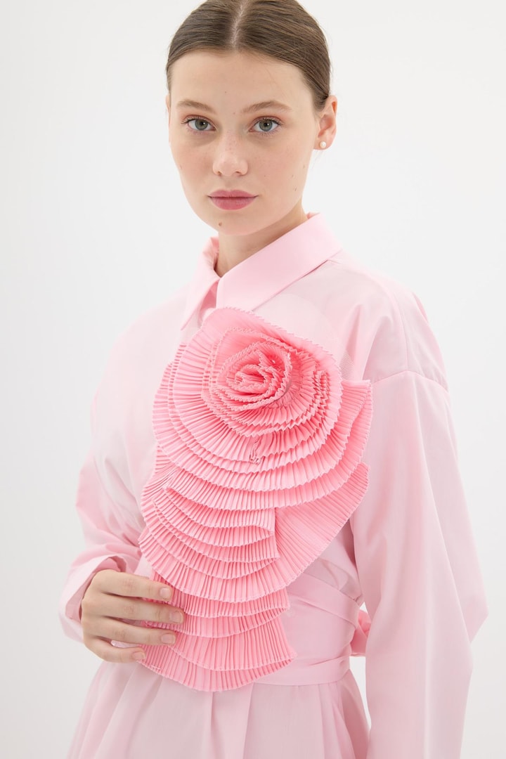 Aksesuarlı Gömlek Elbise - Pembe