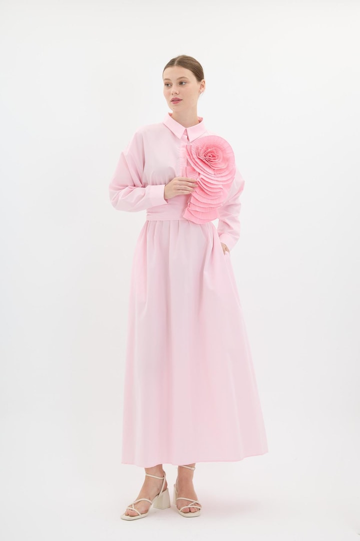 Aksesuarlı Gömlek Elbise - Pembe