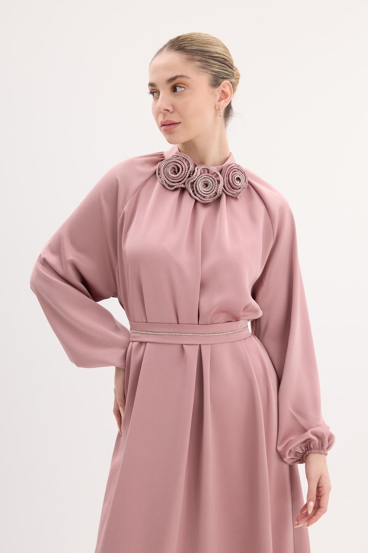 Ales Saten Gül Detaylı  Elbise - Pembe