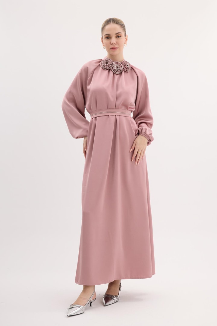 Ales Saten Gül Detaylı  Elbise - Pembe
