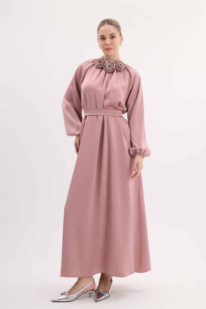 Ales Saten Gül Detaylı  Elbise - Pembe