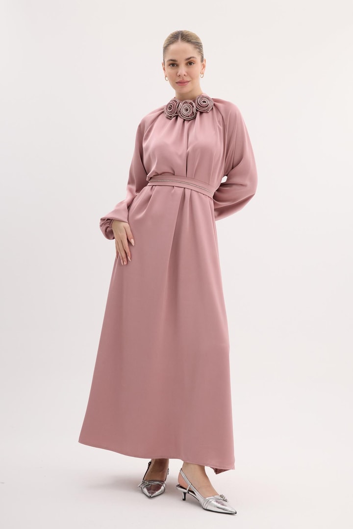 Ales Saten Gül Detaylı  Elbise - Pembe