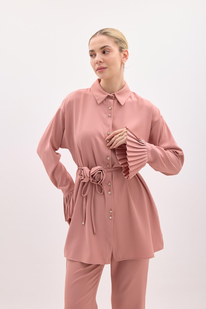 Alina Kolları Piliseli Gömlek Takım - Pudra