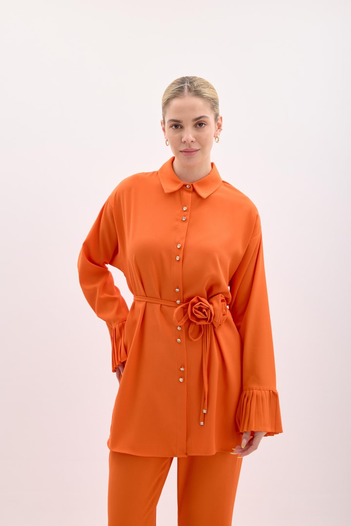 Alina Kolları Piliseli Gömlek Takım - Turuncu