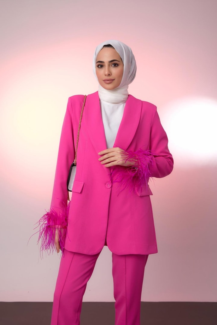 Alina Kolu Tüy Detaylı Takım - Fuşya