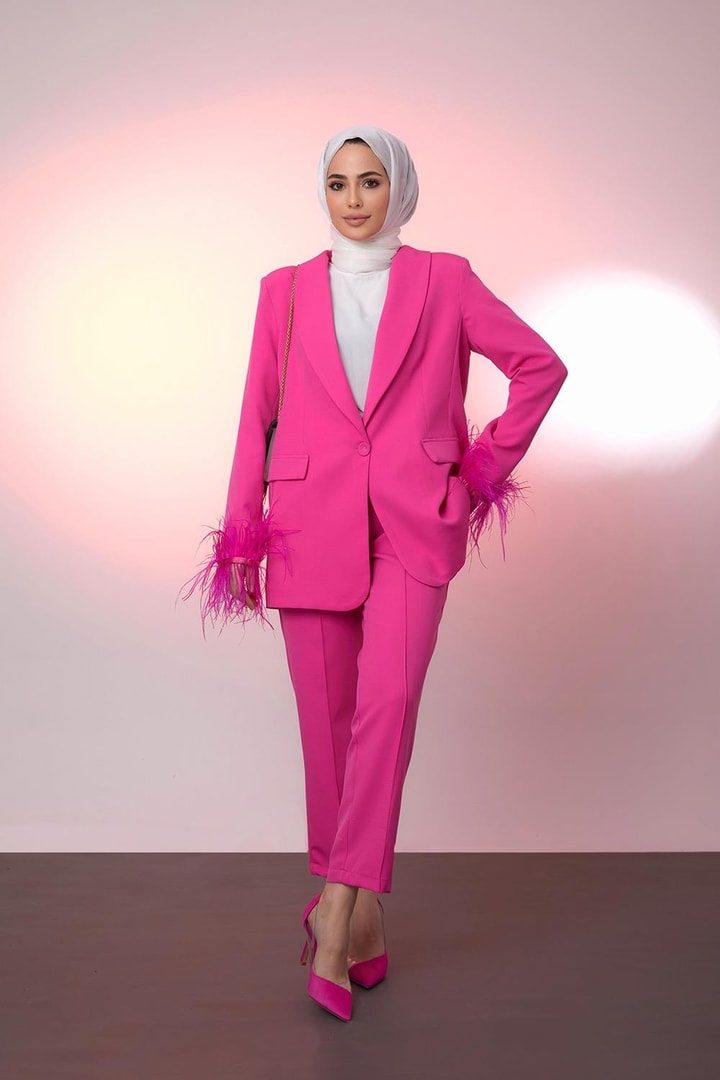 Alina Kolu Tüy Detaylı Takım - Fuşya
