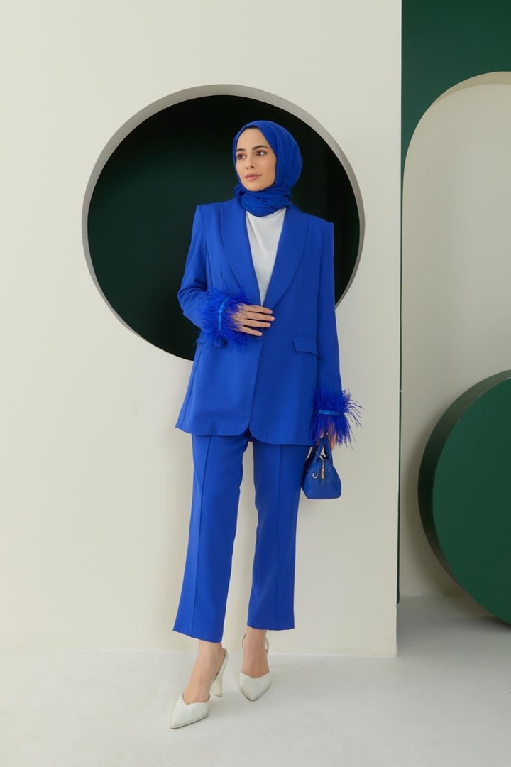 Alina Kolu Tüy Detaylı Takım - saks mavisi