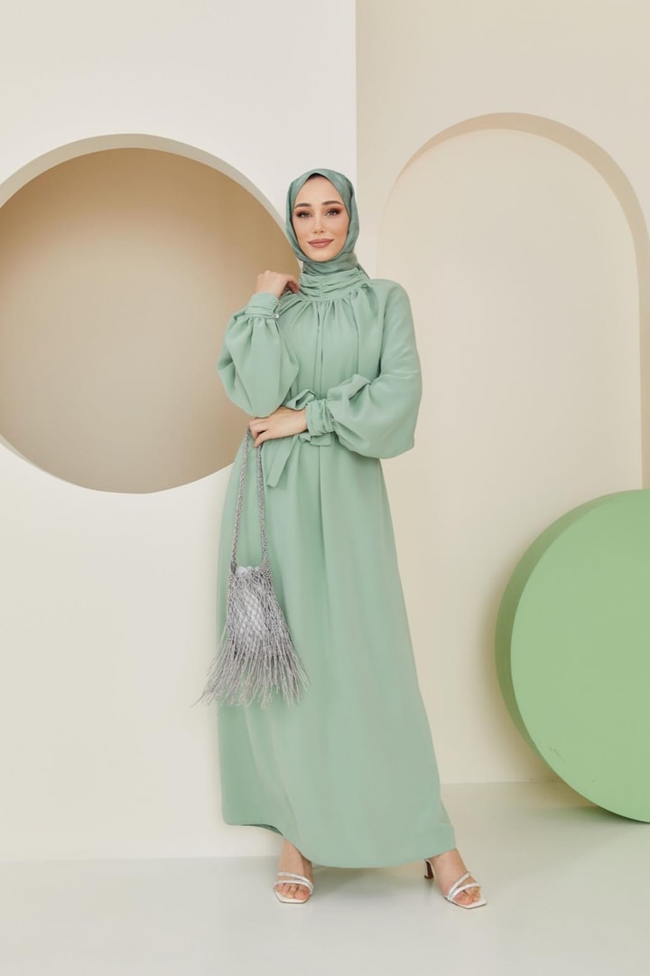 Alisa Balon Kol Krep Elbise - Mint