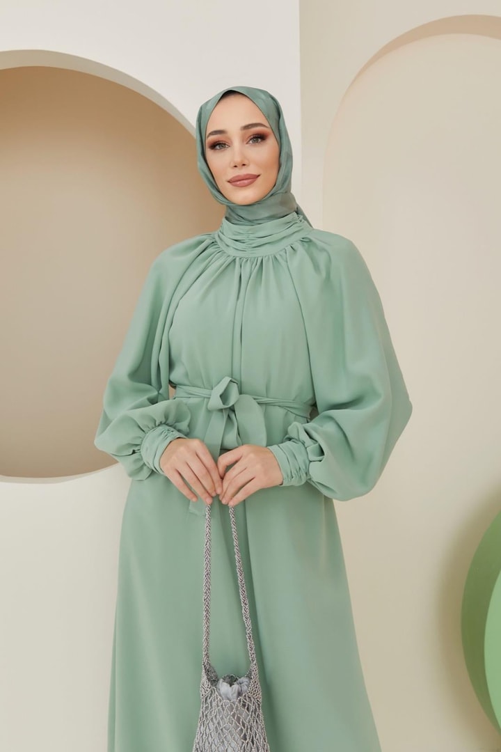 Alisa Balon Kol Krep Elbise - Mint